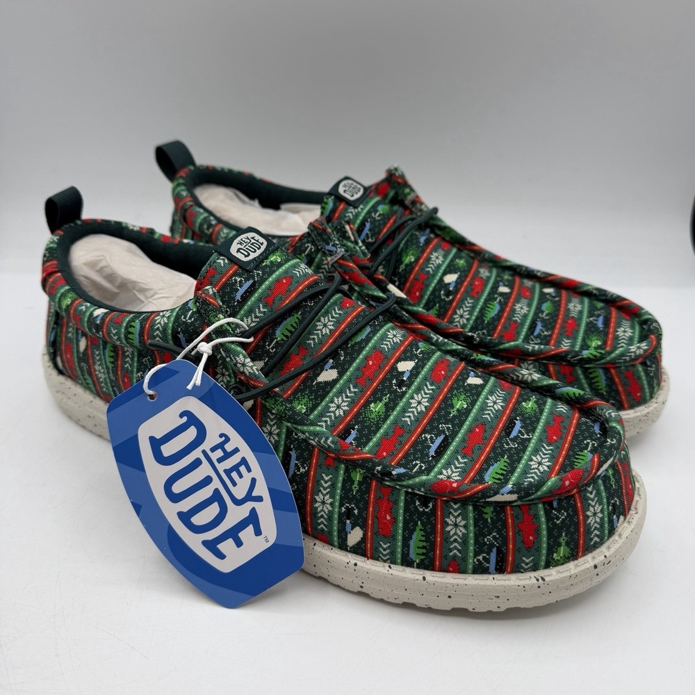 Hey Dude Wally Fishmas Sweater Shoes Mens Sz 10 Pine Green/Red Christmas Slip On